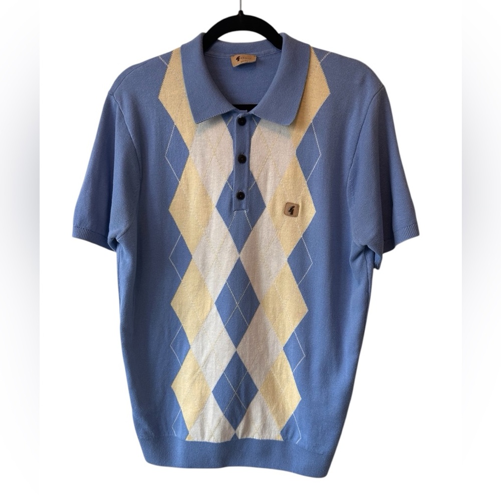 Gabicci Vintage Argyle Diamond Knit Polo Golf Shirt Blue Yellow White Men’s L